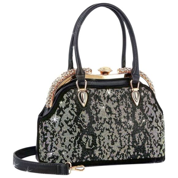 Handbags - Elegant Black Crystal Rhinestone Bling Animal Print Handbag Purse